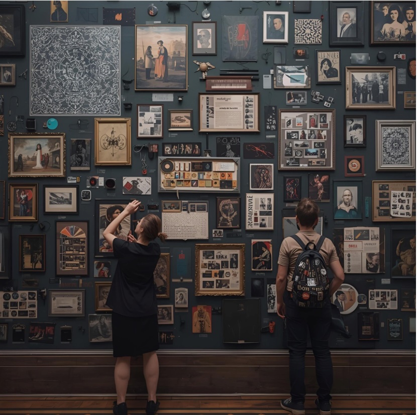 GAI concept image: individuals engaging with a wall of diverse framed artworks and artifacts